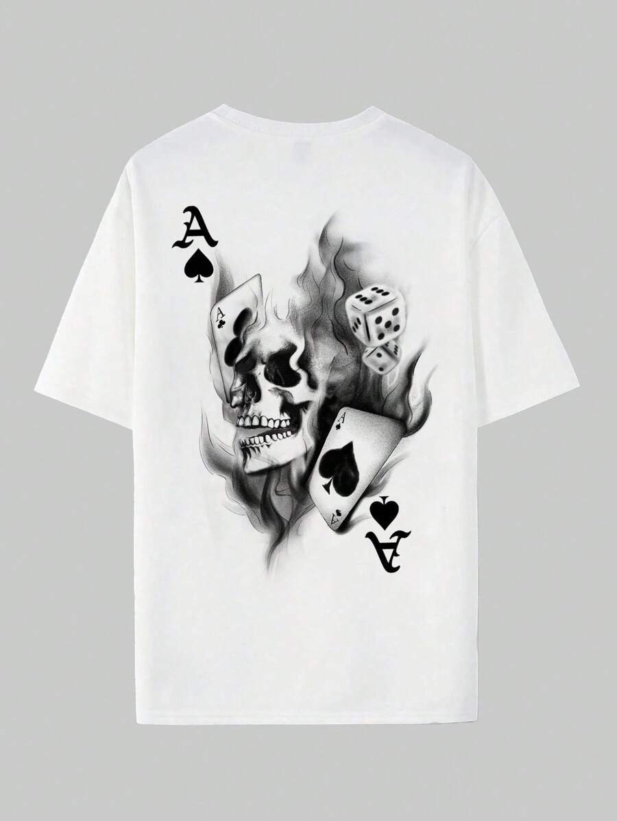 Manfinity ZONE917 Loose Fit Men Skull & Playing Cards Printed Short Sleeve T-Shirt, Boyfriend Gift, For Work - White - View 1