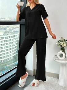 EURMUSE 2Pcs/Women's Button Details And Lettuce Trim Detail Homewear Lounge Set - Black - View 5