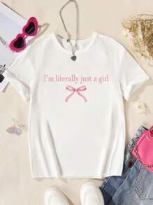 Teen Girl Casual Comfortable Bow & Letter Print Short Sleeve Round Neck T-Shirt, Suitable For Summer Holiday - White - View 1