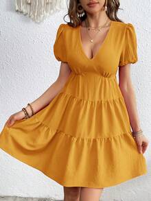 SHEIN VCAY Wedding Women Dresses Vacation Spring/Summer Solid Color Woven V-Neck Puff Sleeve Dress - Yellow - View 3