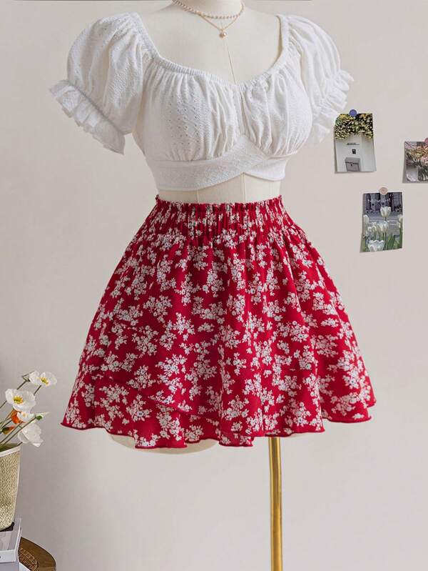 Soleia Plus Size Roșu Floral Elastic Înfășurare în talie Plisă Volană Tivul Romantic Casual Pantaloni scurți Boho pentru vacanță, pentru vară