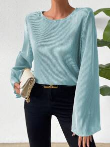 SHEIN LUNE Women's Spring And Summer Solid Color Round Neck Flare Sleeve Loose Casual T-Shirt - Blue - View 4