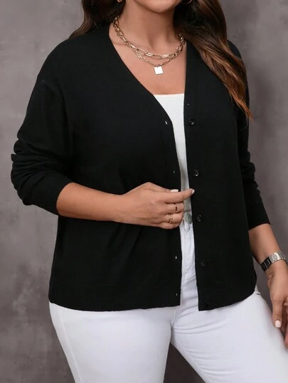 EMERY ROSE Plus Size Solid Color V-Neck Long Sleeve Cardigan Fall,Spring
