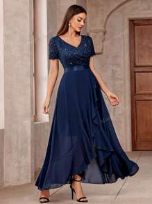 MIUSOL Elegant V-Neck Sequin Floral Lace Ruffle Trim High Low Hem Formal Party Long Dress Prom Evening Wedding Guest Gown, For Graduation, Dinner
