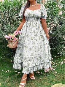 SHEIN Holidaya Damska sukienka z szyfonu w eleganckim romantycznym rozmiarze plus size - Zielony - Zobacz 3