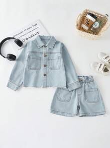 YOUNG GIRL Casual Light Blue Washed Denim Jacket With Flat Pockets And Raw Hem & High Waist Denim Shorts Set - Baby Blue - View 1