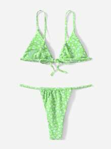 SHEIN Swim 女士夏季沙灘小碎花性感比基尼套裝，隨機印花 - 綠色 - 查看 2