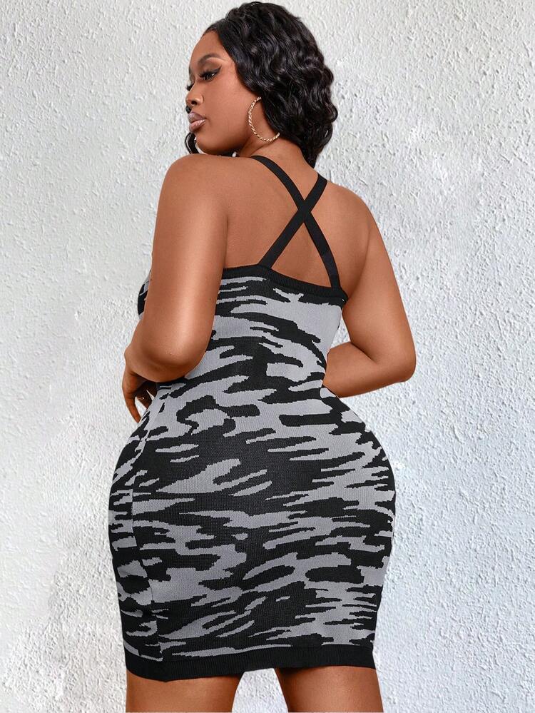 Plus Size Printed Slim Fit Tank Top Sweater Dress, Perfect For Music Festival