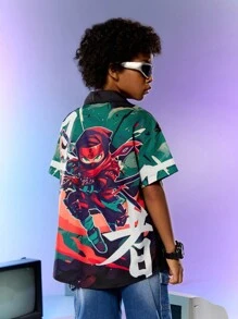 SHEIN 1入組青少年男孩動漫印花短袖衫，適用於夏季 - 黑色 - 查看 2