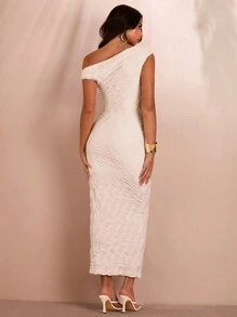 SHEIN BAE Váy dài bó sát bất đối xứng đan họa tiết màu trắng cho nữ cho bữa tiệc mùa hè - trắng - Xem 2