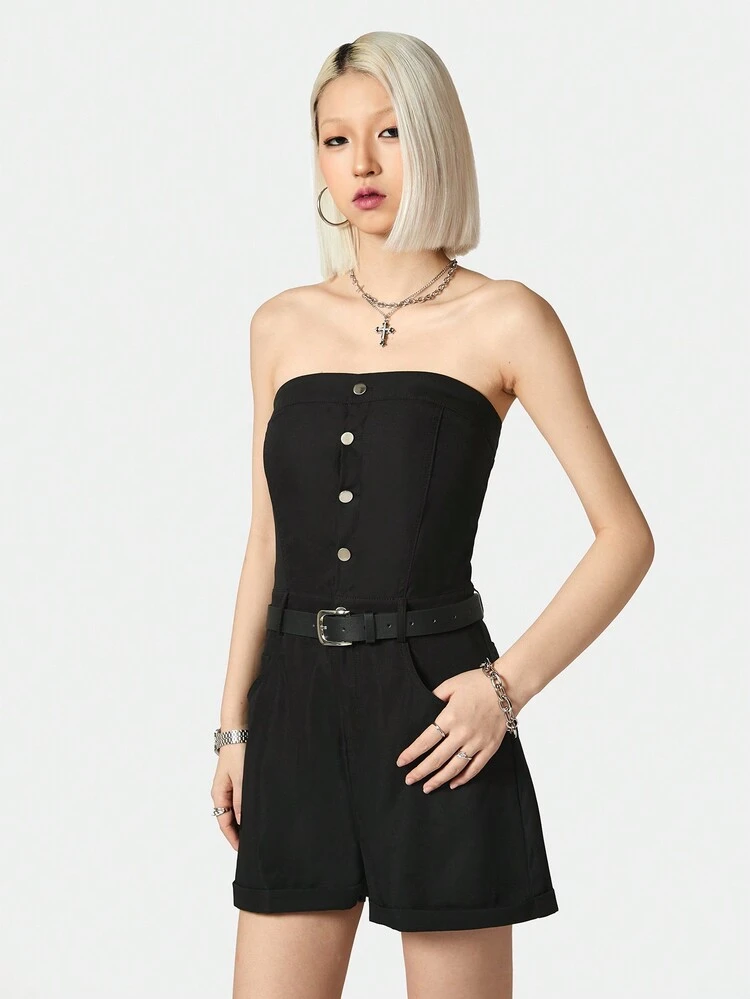 Women's Summer Strapless Cropped Waist Jumpsuit With Belt
