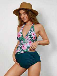 SHEIN Maternity Random Printed Vest Tankini Summer - Black - View 1