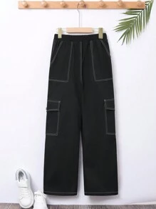 SHEIN Leap Crew Calças De Tecido Colorido Com Ajuste Casual Para Meninos Adolescentes, 1 Peça, Com Decoração De Linha, Adequadas Para Uso Diário, Calças Cargo Pretas - Preto - Visão 2