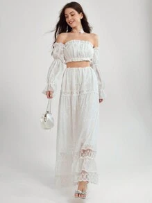 Enchnt Blusa corta de hombros descubiertos y manga acampanada con elegante bordado floral para mujer en verano - Blanco - Ver 7