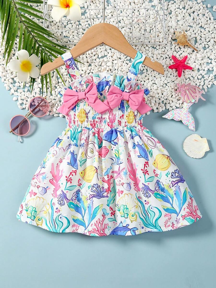 Baby Girls' Summer Ocean Printed Spaghetti Strap Dress - Multicolor - View 1