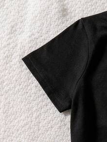 SHEIN Girls' Pink Coconut Tree Printed Round Neck Long T-Shirt + Shorts Set For Vacation And Beach, Spring/Summer - Black - View 6