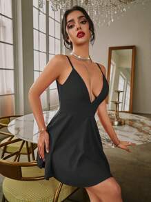 Glamine Solid Color Deep V-Neck Spaghetti Strap Sleeveless A-Line Dress With Open Back, Summer And Sexy Mini Short Women Outfit - Black - View 7