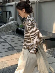 Striped Print Pocket Front Button Casual Long Sleeve Shirt Spring - Khaki - View 4