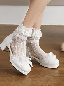 Dola Lovely 春季/秋季新款厚跟圓頭花朵蕾絲中空洛麗塔風格鞋，女士舒適時尚高跟鞋 - 白色 - 查看 3