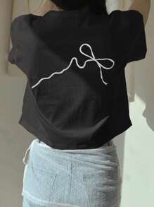 DAZY Women's Short Sleeve T-Shirt With Bow Embroidery On Round Neck Graphic Tee - Black - View 1