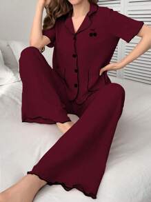 Cherry Embroidery Contrast Trim Short Sleeve Top And Pants Women's Pajama Set Lounge Set