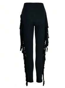 Plus Size Women High Waisted Solid Color Tassel Patchwork Slim Fit Pants