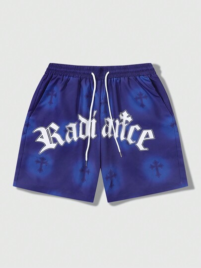 Goth Men's Slogan & Cross Printed Shorts, Suitable For Daily Wear In Spring And Summer