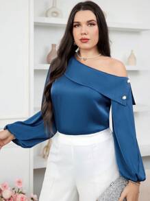 Modelyn Plain Color Simple Style Daily Plus Size Women's Asymmetrical Neck Long Sleeve Shirt