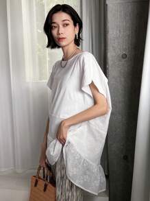 FRIFUL Áo thun nữ mùa hè màu trơn cổ tròn cánh dơi tay ngắn dáng rộng có viền xù - trắng - Xem 5