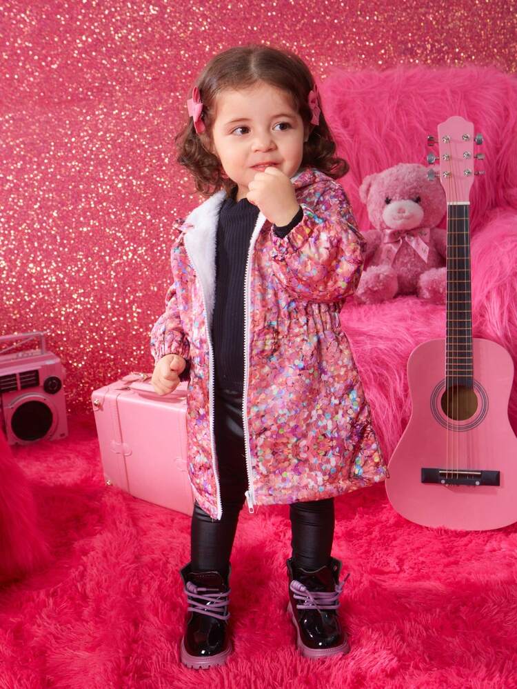 Baby Girl Allover Print Hooded Coat Without Sweater