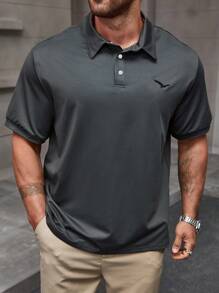 Manfinity Homme 男士大尺寸純色鈕扣休閒短袖Polo衫，夏季款式 - 灰色 - 查看 4