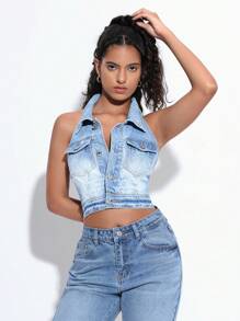 SHEIN EZwear 女士素色休閒牛仔吊帶上衣 - 藍色 - 查看 4