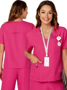 TaskEZ 女士夏季休閒實色短袖擦布上衣，帶有三個口袋和V領，啞光面