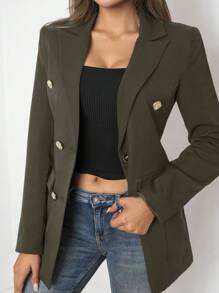 RueChic Casual Solid Color Double Breasted Cinched Waist Blazer - Army Green - View 6