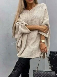 Women's Solid Color Batwing Sleeve Round Neck Knit Sweater