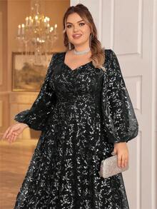 加大甜心领灯笼袖亮片礼服黑色优雅长袖晚间婚礼宾客礼服，适合毕业典礼、晚宴派对礼服 - 黑色 - 查看 7