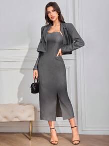 Seusyu Conjunto de traje gris para mujer, apto para otoño, ropa de oficina, estilo elegante y casual, con chaqueta blazer corta y vestido camiseta, conjunto casual de negocios para la oficina, la escuela, uso diario casual o cualquier otra ocasión formal. Set de 2 piezas - Gris - Ver 3