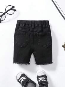 SHEIN Pantalones cortos informales de mezclilla desgarrados y con bordes ásperos para bebé, suaves y lindos, para el verano - Negro - Ver 2