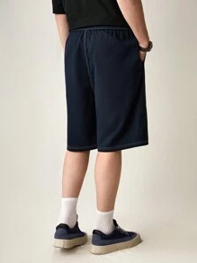 Manfinity VCAY 编织时尚年轻休闲松紧腰短裤，日常穿着。男士工装裤宽松裤男士夏装 - 藏蓝色 - 查看 5