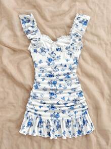 Soleia Vestido ajustado azul y blanco de flores para vacaciones de verano de mujer con detalle de volante en el dobladillo - Azul y blanco - Ver 2