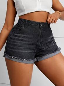 SHEIN SXY Plus Size Solid Color Denim Shorts With Pocket And Fringe Hem, Summer - Black - View 1
