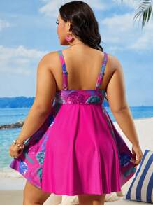 Swim Lushoire Đầm bơi đơn giản in họa tiết cỡ lớn cho nữ mùa hè - Màu Hồng Tươi - Xem 2