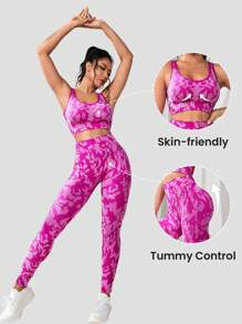 Easithlete Allover Print Crisscross Backless Wideband Waist Sports Set - Hot Pink - View 3