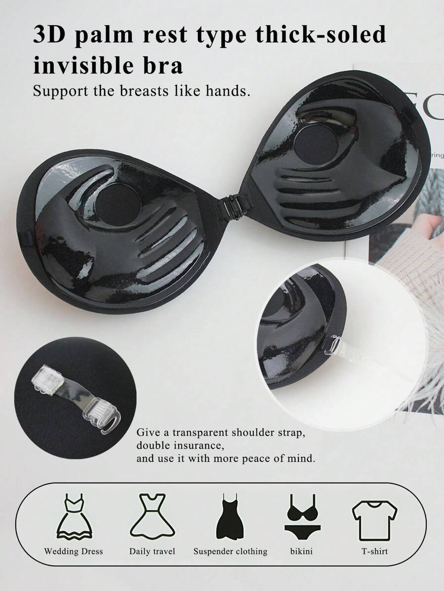 Thin Padded Hand Shaped Push-Up Adhesive Bra For Small Chest Brides, Strapless And Invisible - Black - View 1