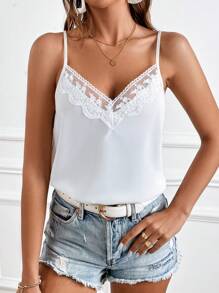 SHEIN Frenchy Contrast Lace Cami Top White Summer Casual White - White - View 7