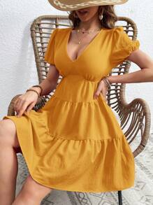 SHEIN VCAY Wedding Women Dresses Vacation Spring/Summer Solid Color Woven V-Neck Puff Sleeve Dress - Yellow - View 1