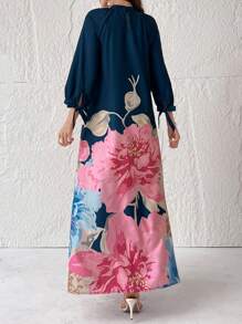 Al Najma 花卉印花女士简约日常连衣裙，休闲宽松阿拉伯朴素长袖连衣裙 - 彩色 - 查看 2
