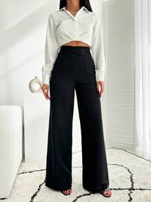EURMUSE BLACK WIDE LEG PALAZZO PANT WITH BELT DETAIL - Black - View 3