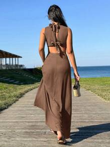EURMUSE Green Back Detail Summer Long Dress - Brown - View 4