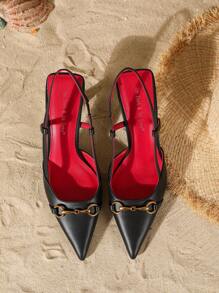 On feet& in love 女士优雅高跟尖头浅口鞋,配金属链条绑带,适合搭配连衣裙、婚礼、情人节等场合,猫跟设计,优雅 - 黑色 - 查看 6